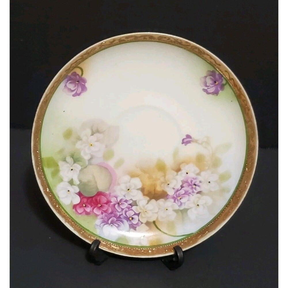Nippon Hand Painted Floral Saucer Purple Violets Gold Glaze Fine Porcelain Vtg